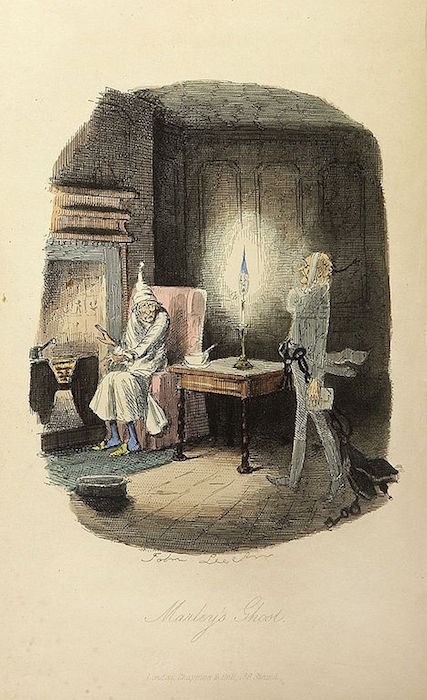 Marley's ghost, from Charles Dickens: A Christmas Carol. In Prose. Being a Ghost Story of Christmas. With Illustrations by John Leech. London: Chapman & Hall, 1843. First edition. Courtesy Wikipedia Commons.