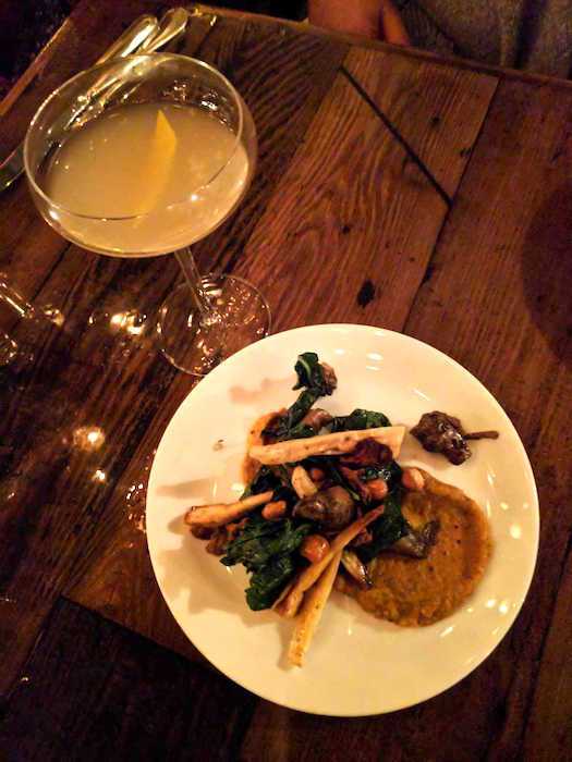 Smithy's "Baby I'm a Star" cocktail and roasted sunchokes with chanterelles, brown butter hazelnuts and butternut squash puree, photo by Leslie Dinaberg.