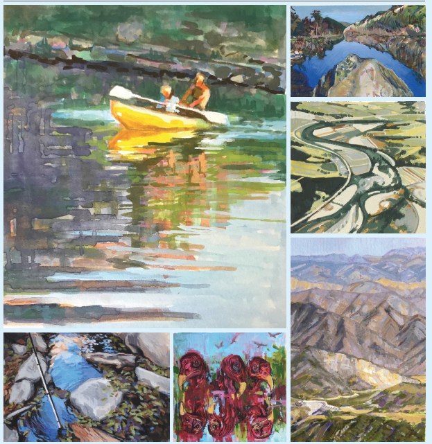 Paintings in the Wildling Museum show The River’s Journey: One Year, Six Artists, 92 Miles include work by (clockwise from top left): Holli Harmon, Pamela Zwehl-Burke, Nicole Strasburg, Nina Warner, Connie Connally and Libby Smith.