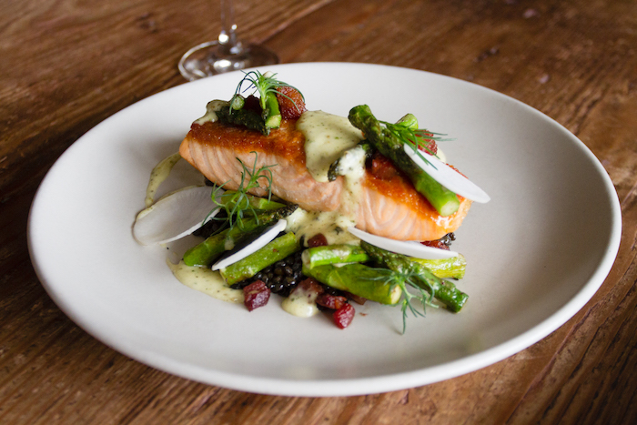Finch & Fork's Salmon, with preparation, which included beluga lentils, asparagus, pancetta, green peppercorn hollandaise, capers and baby turnip, courtesy photo.