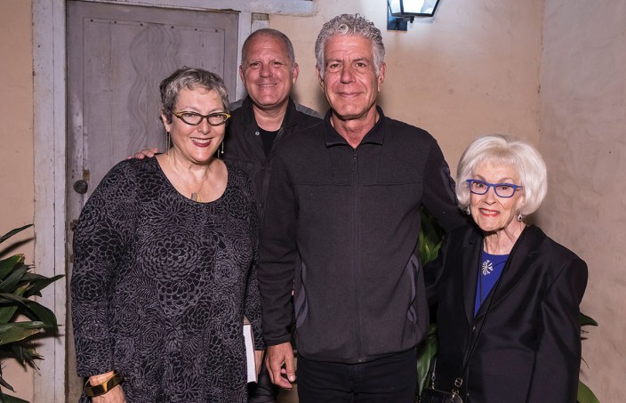 A&L supporters Lynda Weinman & Bruce Heavin and Sara Miller McCune with Anthony Bourdain. Photo by David Bazemore, courtesy UCSB Arts & Lectures.