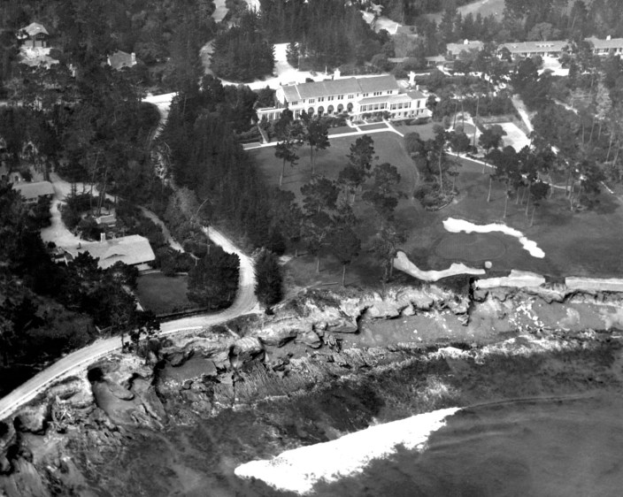 An aerial of The Lodge at  Pebble Beach and the 18th hole, circa 1920s. Photo courtesy, Pebble Beach Company Lagorio Archive.