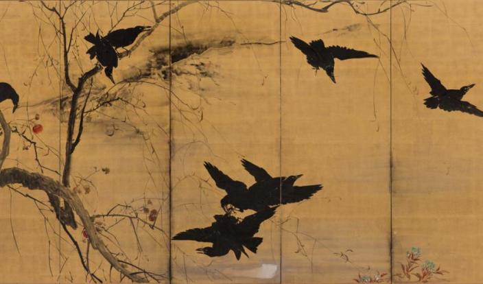 Crows in Early Winter (detail), Kishi Chikudō, Japanese, 1826-1897. Ink and color on gold ground; pair of six-panel folding screens. SBMA, Museum purchase with funds provided by Lord and Lady Ridley-Tree, Priscilla Giesen, and special funds.