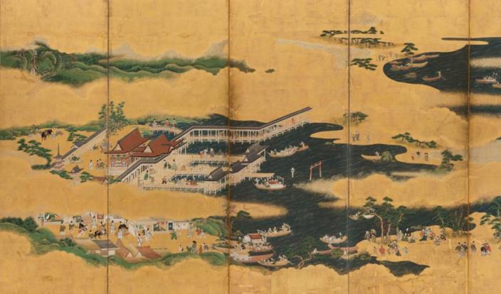 Views of Itsukushima and Wakanoura (detail), Japanese, Edo period, mid-17th century. Ink, color, and gold leaf on paper; pair of six-panel folding screens. SBMA, Museum Purchase, Peggy and John Maximus Fund.