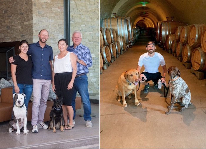 Left: Murphy family members Charlie, Anna, Matt, Pokey, Suzanne and Madison; right: Assistant Winemaker Mike Chase with Gus and Nyla. Photo courtesy of Presqu’ile.