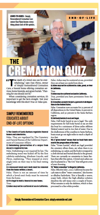 The Cremation Quiz, from Santa Barbara Independent, Active Aging Special Section, July 30, 2020.