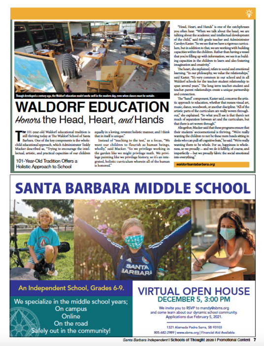 Waldorf Education Honors the Head, Heart and Hands. Originally published in Santa Barbara Independent on November 19, 2020.