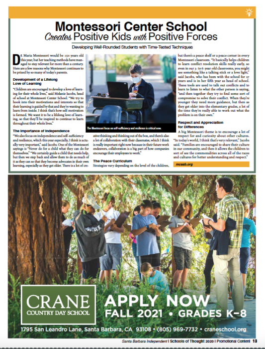 Montessori Center School Creates Positive Kids With Positive Forces, originally published in Santa Barbara Independent on November 19, 2020.