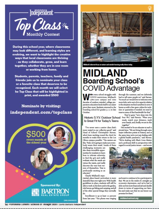Midland Boarding School’s COVID Advantage, originally published in Santa Barbara Independent on November 19, 2020.